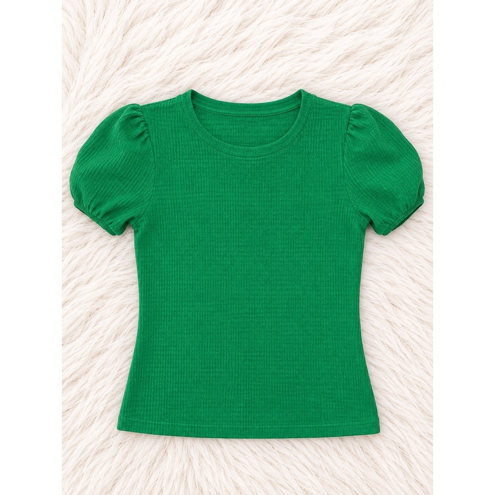SHEIN Green Textured Puff Sleeve Top Women's Small Short Sleeve Crew Neck